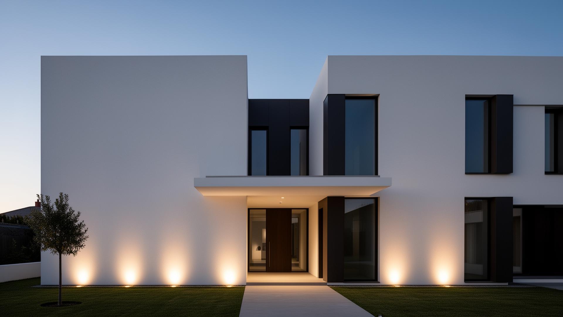 Modernes Wohnhaus mit minimalistischer Fassade in der Abenddämmerung